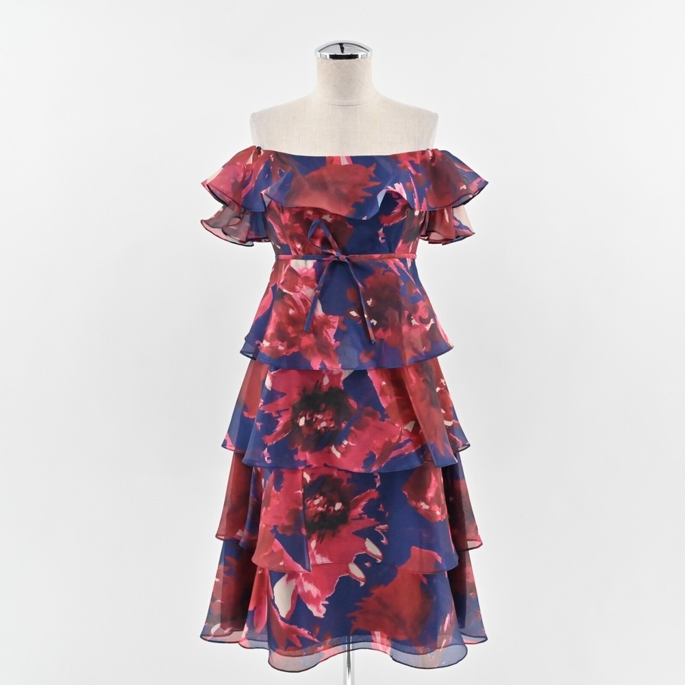 Rickie Freeman Teri Jon Floral Tiered Ruffle Dress Womens Sz 6 Navy Red Wedding